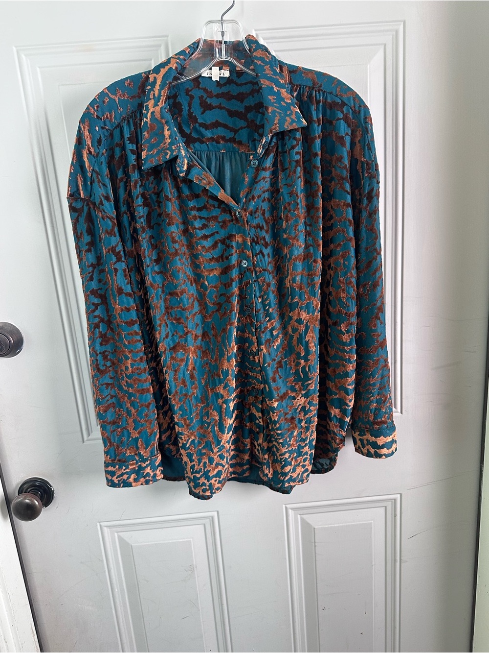 JODIFL Teal and Brown Printed Button-Down Blouse
